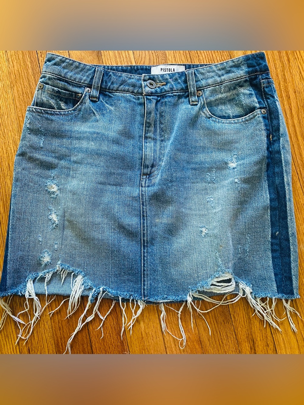 Pistola Light Blue Distressed Denim Mini Skirt